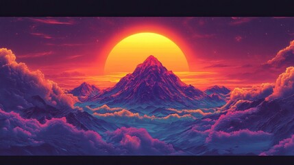 Vibrant sunset over majestic mountain peak, cloudscape.