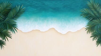 Tranquil Shoreline with Turquoise Water and Lush Green Palms on Golden Sand Beach in Nature Scene