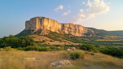 Fototapeta premium Majestic cliff face at sunset, overlooking grassy plains.