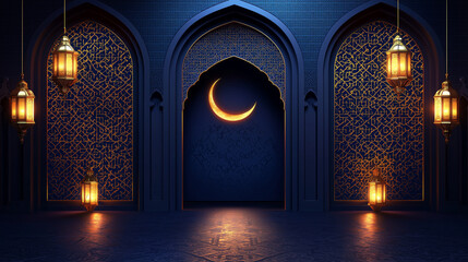Islamic background ornament, Elegant Islamic background for Ramadan sale, subtle golden patterns, crescent moon, and soft glowing lanterns, minimal and stylish, islamic background
