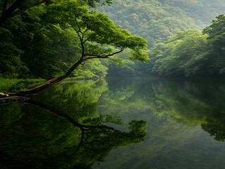 serene green forest with calm river reflecting trees beautifully