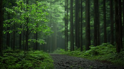 Fototapeta premium Misty Forest Path With Small Tree