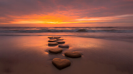 Heart shaped stones create path on beach at sunset, evoking romance