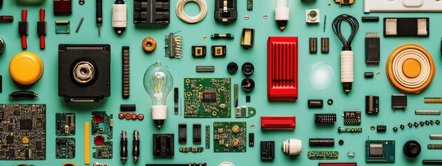 Aesthetic Flat Lay of Diverse Electronic Components and Circuit Board Elements on Colorful Background
