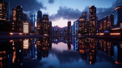Fototapeta premium A stunning city skyline at twilight, reflecting in a calm water surface, showcasing modern architecture and vibrant lights.
