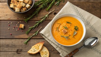 Creamy Butternut Squash Soup with Rosemary and Croutons Overhead Composition, Rustic Wooden Background Butternut Squash Soup, Fall Recipe