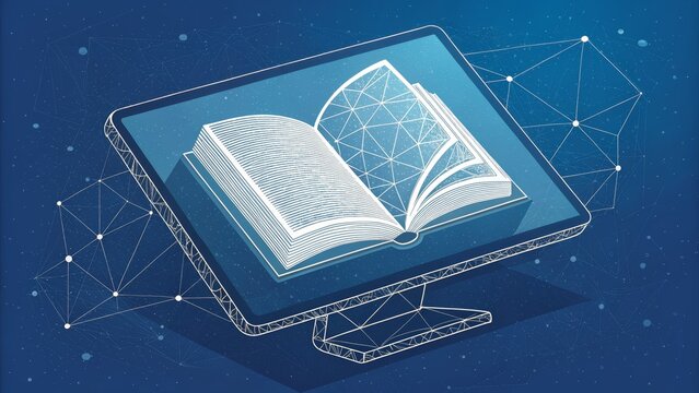 Digital Book on Screen Isometric Wireframe Illustration, eBook, Online Learning eLearning, digital literacy