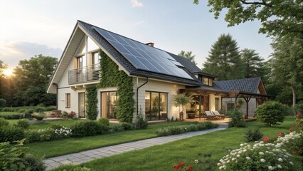 Eco-Friendly Modern House Solar Panels, Lush Garden, 3D Render, Sustainable Home Design. Solar Energy, Green Home