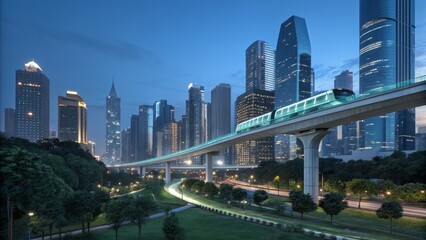 Obraz premium Elevated Train at Dusk Cityscape Composition, Modern Architecture, Urban Transport, Night Photography Urban Transportation, Cityscape Photography