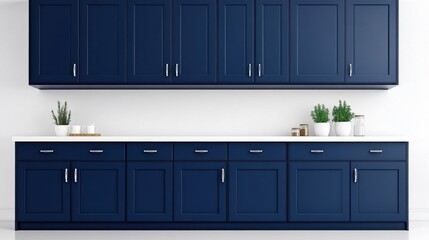 Modern Navy Blue Kitchen Cabinets with White Countertop and Green Plants on Stylish Minimalist Design