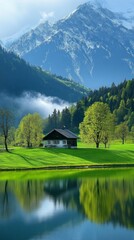 Fototapeta premium Mountain lake house reflection.