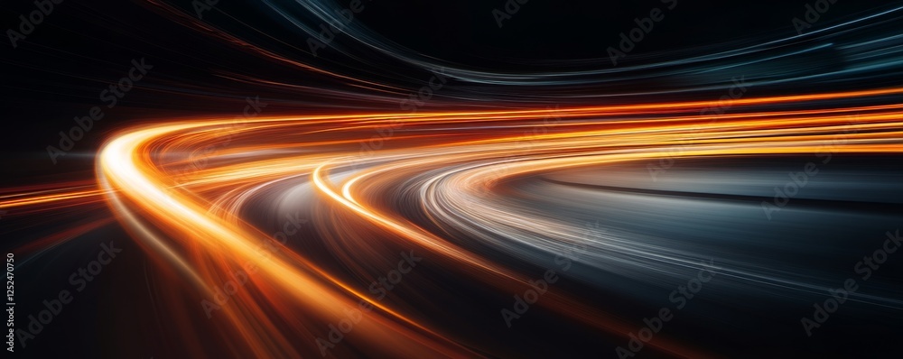 Poster light trails on a dark road, abstract speed and motion concept