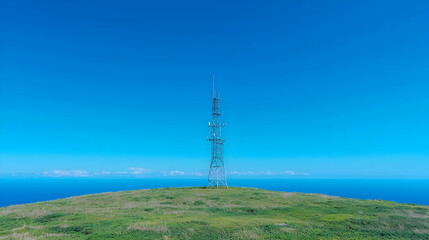 Obraz premium Coastal communication tower, clear sky, ocean view