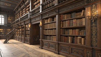 Obraz premium Grand Library Interior Ornate Bookshelves, Wooden Floor, Antique Books, 3D Render, Architectural Detail Library, 3D rendering