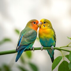 Obraz premium Two Colorful Lovebirds Perched on Branch in Tender Moment Together