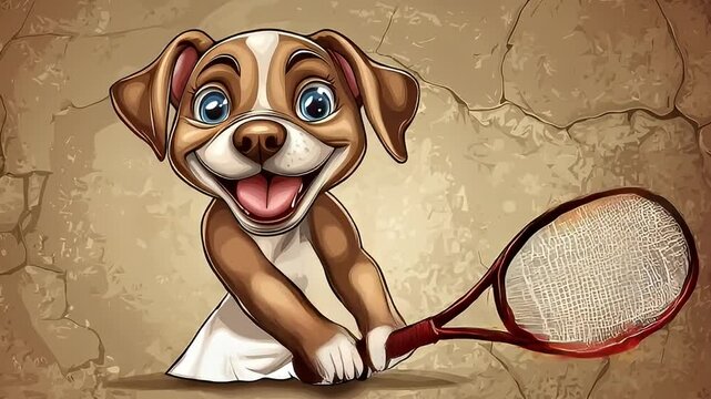 Happy dog belly dancing, cracked wall background, cartoon style, children's book illustration