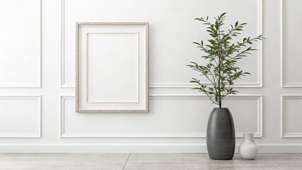 Minimalist Interior Mockup Grey Frame, Plant, White Walls, Interior Design, Home Decor Interior design, mockup