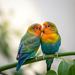 Obraz premium Two Colorful Lovebirds Perched Together Affectionately on a Green Branch