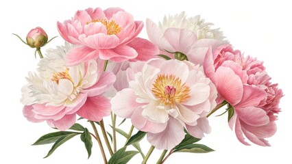 Pink and White Peonies Botanical Watercolor Painting,Floral Composition,Close-up,Soft Hues Peonies,Watercolor