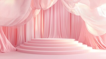 Triangular Stepped Podium with Soft Drapes and Elegant Atmosphere