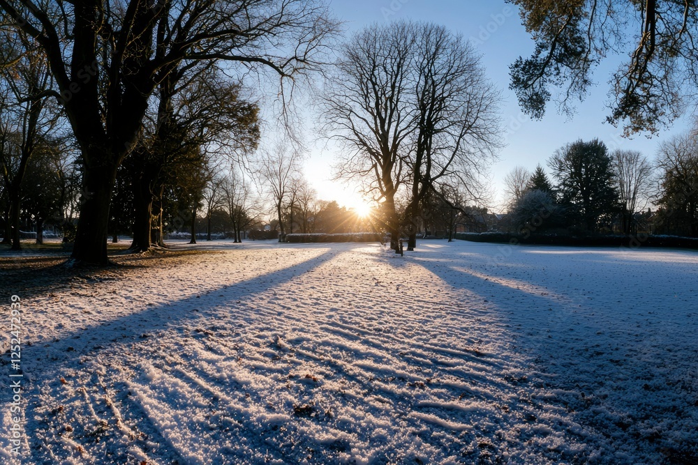 Wall mural Winter landscape with sunlight shining through trees on snow-covered field