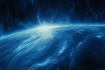 Mesmerizing blue sunrise over Planet Earth’s horizon viewed from outer space, showcasing a stunning celestial scene