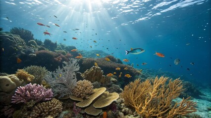 Fototapeta premium Sunlit Coral Reef Vibrant Fish and Diverse Coral Composition, Underwater Photography,Marine Ecosystem, coral reef , underwater life