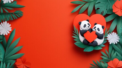 Cute Paper Craft Pandas Holding Heart Surrounded by Tropical Leaves and Flowers on Vibrant Orange Background