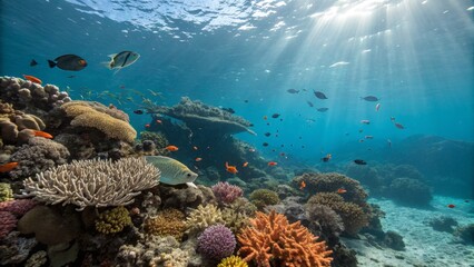 Sunlit Coral Reef Seascape Vibrant Fish and Diverse Corals, Underwater Photography,Ocean Life Underwater Photography, Coral Reefs