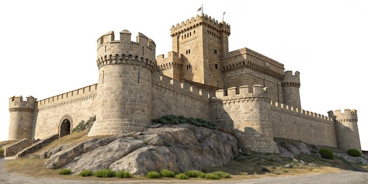 Stone Castle 3D Render Majestic Medieval Fortress on Hilltop, 3D Model, Architecture, Fantasy, Castle Keywords 3D rendering, medieval architecture