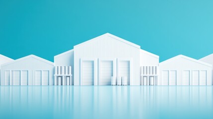 Modern Industrial Warehouse Complex with Minimalist Design Against a Bright Blue Background