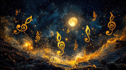 Golden music notes float in a starry night sky over a mystical landscape