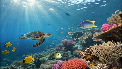 Naklejka premium Underwater Coral Reef Scene Hawksbill Sea Turtle, Colorful Fish, Sunbeams, Vibrant Coral, Ocean Life. Marine Life, Underwater Photography