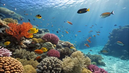 Fototapeta premium Vibrant Coral Reef Ecosystem Diverse Fish and Colorful Corals, Underwater Scene, Sunlit, Wide Shot, Marine Life Coral Reef, Underwater Photography