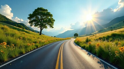 Serene Winding Road Through Lush Meadows and Majestic Mountains Under a Golden Sun