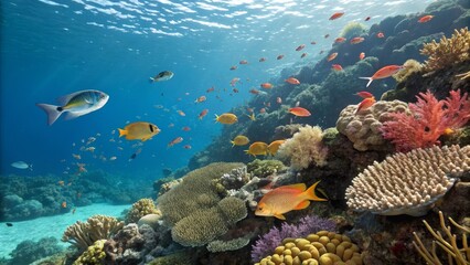 Vibrant Coral Reef Scene Diverse Fish and Coral Composition, Underwater Photography, Marine Ecosystem, Coral Reef, Underwater Life Coral, Fish