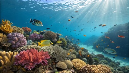 Fototapeta premium Vibrant Coral Reef Ecosystem Underwater Scene with Sunbeams, Diverse Fish and Coral Composition, Underwater Photography, Marine Life Coral Reef, Underwater World