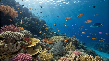 Naklejka premium Vibrant Coral Reef Seascape Underwater Composition with Diverse Fish and Coral, Ocean Life, Marine Ecosystem Coral Reef, Underwater Photography