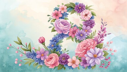 Watercolor Floral Wreath Composition Pastel Roses, Dahlias and Watercolor Background,Floral Design,Spring Flowers Floral arrangement, Watercolor painting