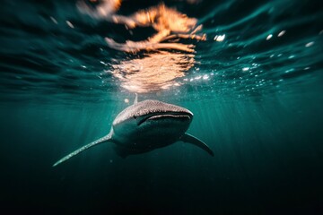 Whale shark swimming gracefully beneath the ocean's surface, sunlight filtering through