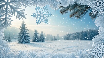 Fototapeta premium Winter Wonderland Frosty Branches Frame Snow-Covered Forest, Snowflake Detail, Winter Scene, Winter Landscape Winter, Christmas
