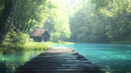 Fototapeta premium Secluded wooden cabin by a tranquil lake.