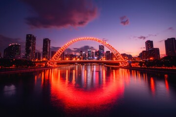 Fototapeta premium City's lit bridge spanning the river reflects at dusk for tourism and cityscape