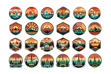 Trendy Summer and Sunset Bundle T-Shirt Design with Scenic Mountain Landscapes, Reflective Lakes, and Retro Road Trip Cars.