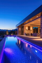 Modern desert house pool twilight view