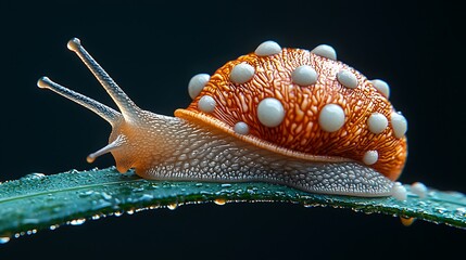 Snail crawls on a leaf with water droplets on dark background for nature studies.