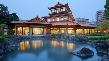 Naklejka premium Japanese onsen resort building at twilight, reflecting pool