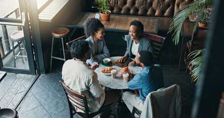Top view, meeting and lunch break with business people in cafe for startup investors, franchise...