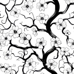 Fototapeta premium Intricate Black and White Floral Pattern Featuring Blossoming Flowers and Twisting Branches