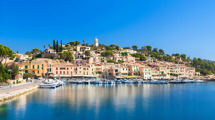 Fototapeta premium Colorful Coastal Village Harbor Panorama